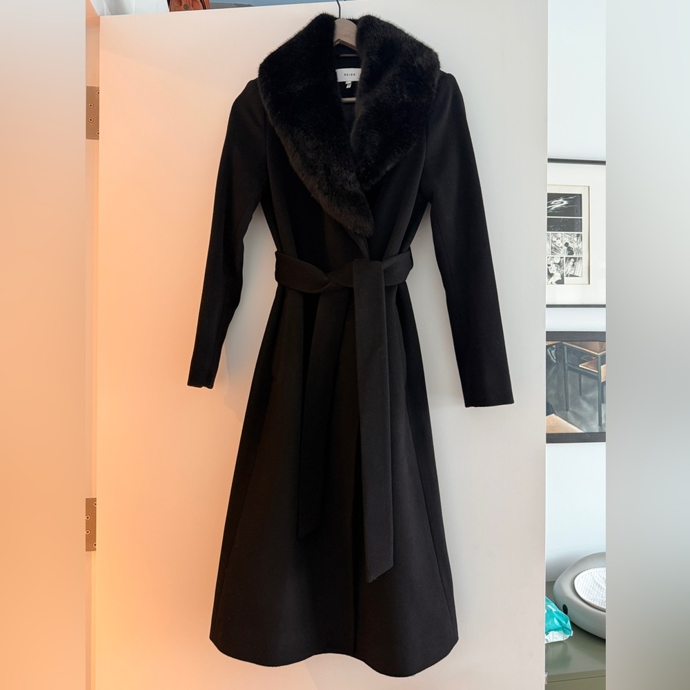 Reiss Black Wool Fur Collar Coat